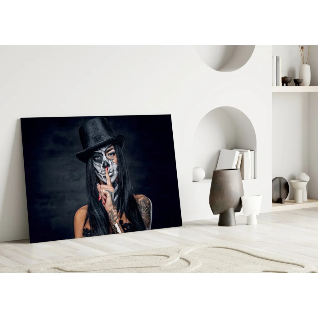 Stunning sugar skull woman wall art on black canvas with hat
