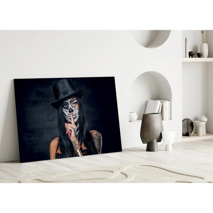 Stunning sugar skull woman wall art on black canvas with hat