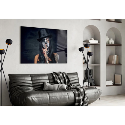 Stunning sugar skull woman wall art on black leather sofa with plaid throw