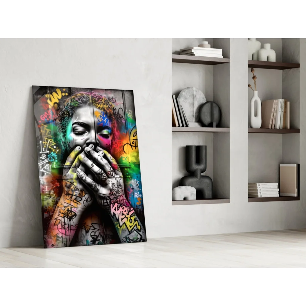 Vibrant graffiti wall art canvas of colorful urban woman with rainbow spray paint effects
