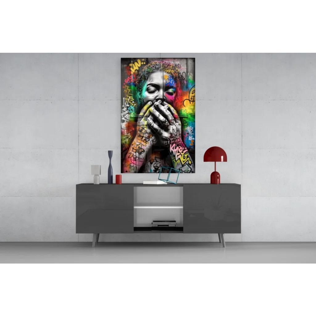 Vibrant graffiti wall art portrait of colorful urban woman with rainbow paint and tattoos
