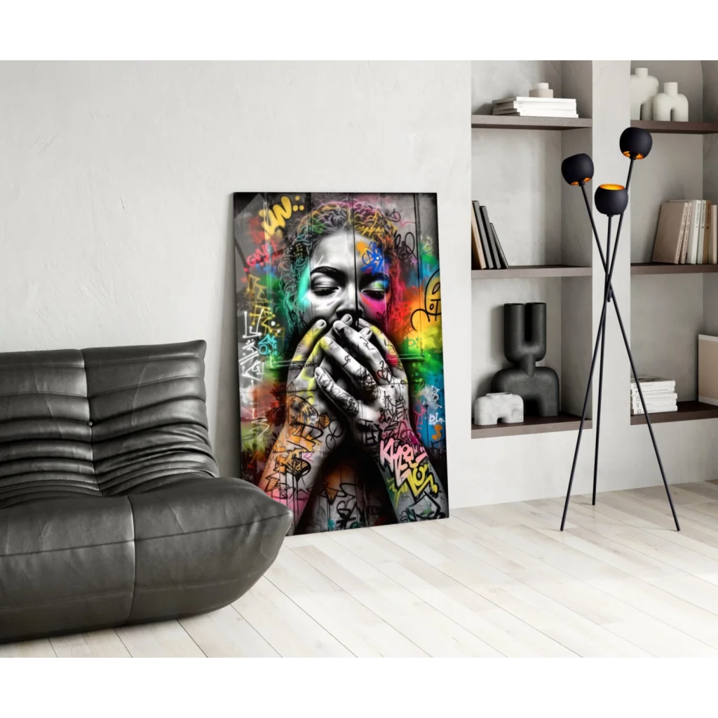 Vibrant graffiti wall art canvas of colorful urban woman with rainbow spray paint face