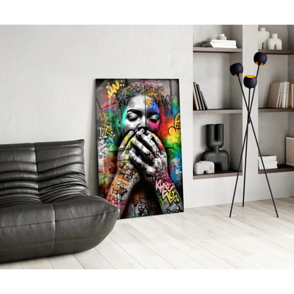 Vibrant graffiti wall art canvas of colorful urban woman with rainbow spray paint face
