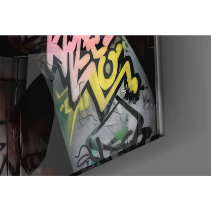 Vibrant graffiti wall art of colorful urban woman in yellow, pink, green on gray canvas