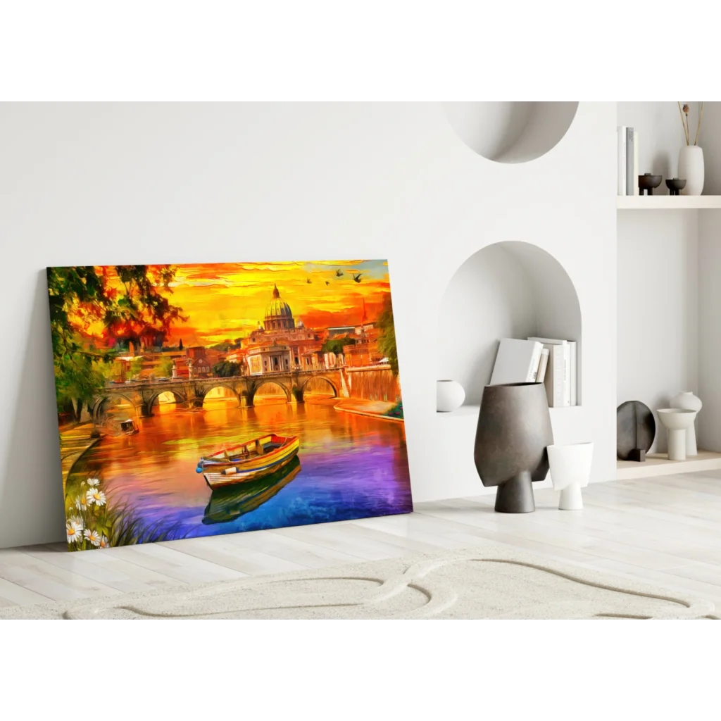 Sunset River Bridge Canvas Wall Art With Vibrant Bold Colors | Modern Wall Art Decor | vintageantiquesgifts.com