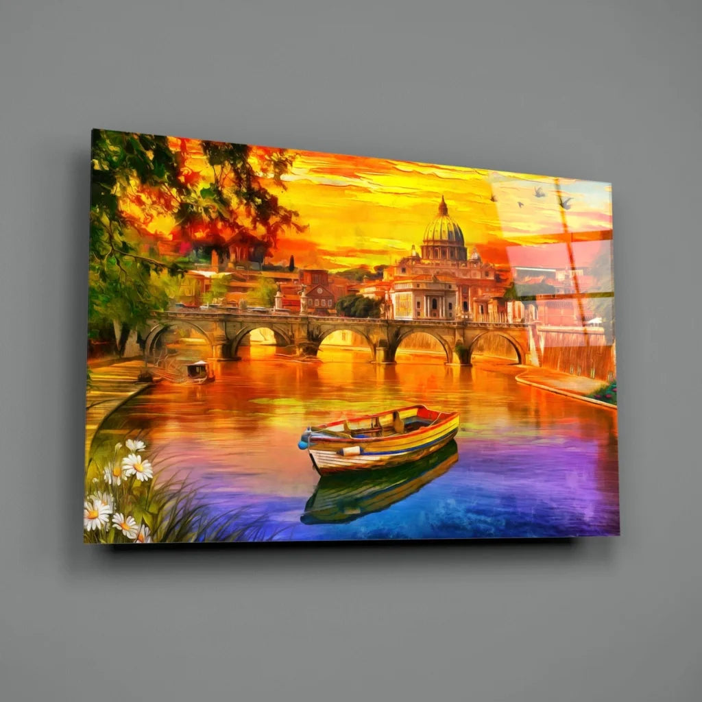 Sunset River Bridge Canvas Wall Art With Vibrant Bold Colors | Glass Wall Art Print | vintageantiquesgifts.com