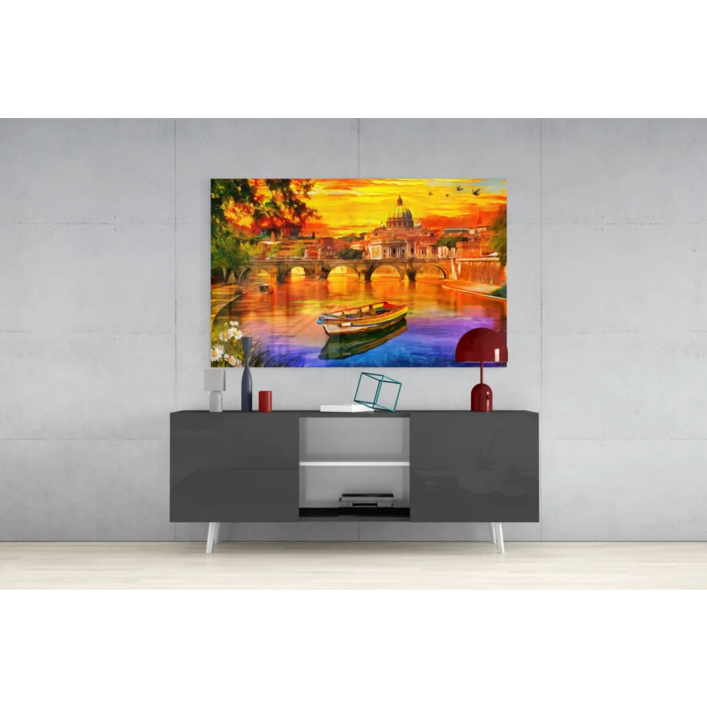 Vibrant sunset river bridge canvas wall art with bold orange-yellow sky