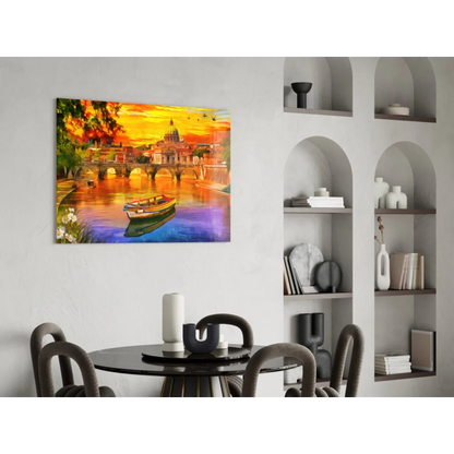 Vibrant sunset river bridge canvas wall art in bold oranges and yellows