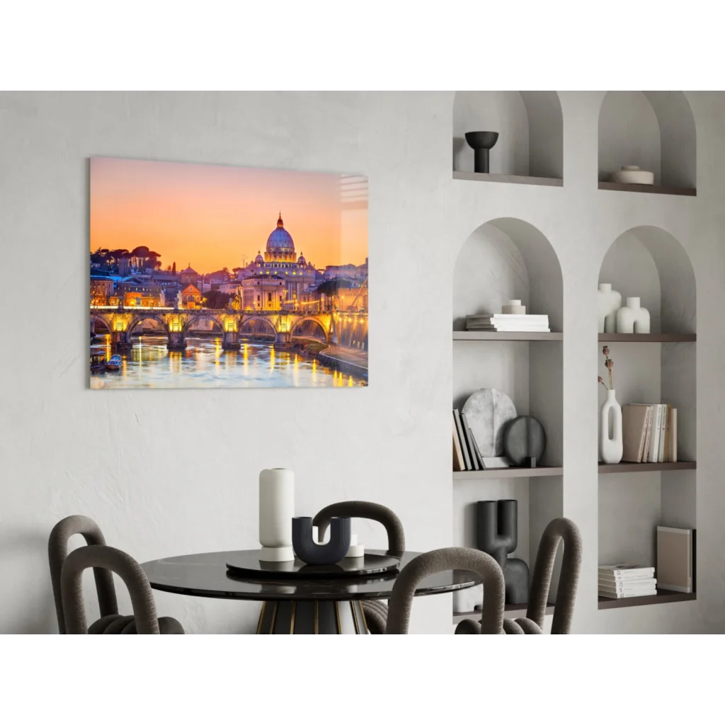 Vibrant Vatican sunset glass wall art with Tiber glow reflections
