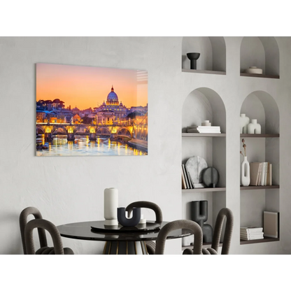 Vibrant Vatican sunset glass wall art with Tiber glow reflections