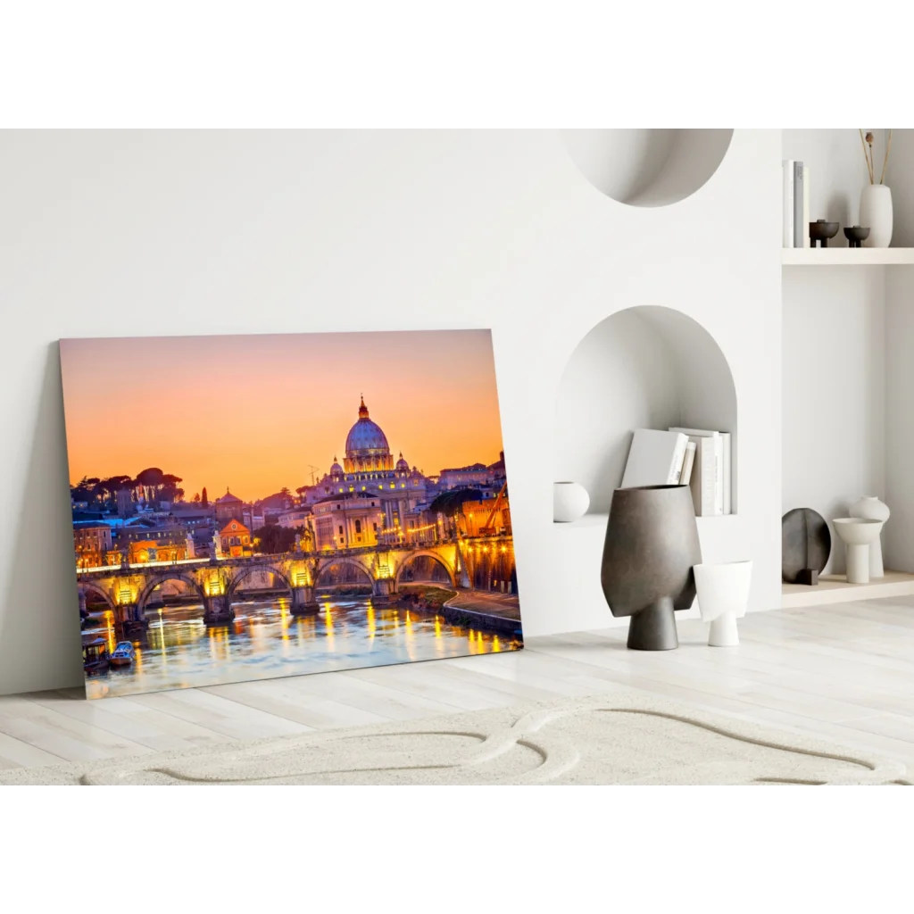 Vatican sunset glass wall art with golden Tiber glow on vibrant canvas