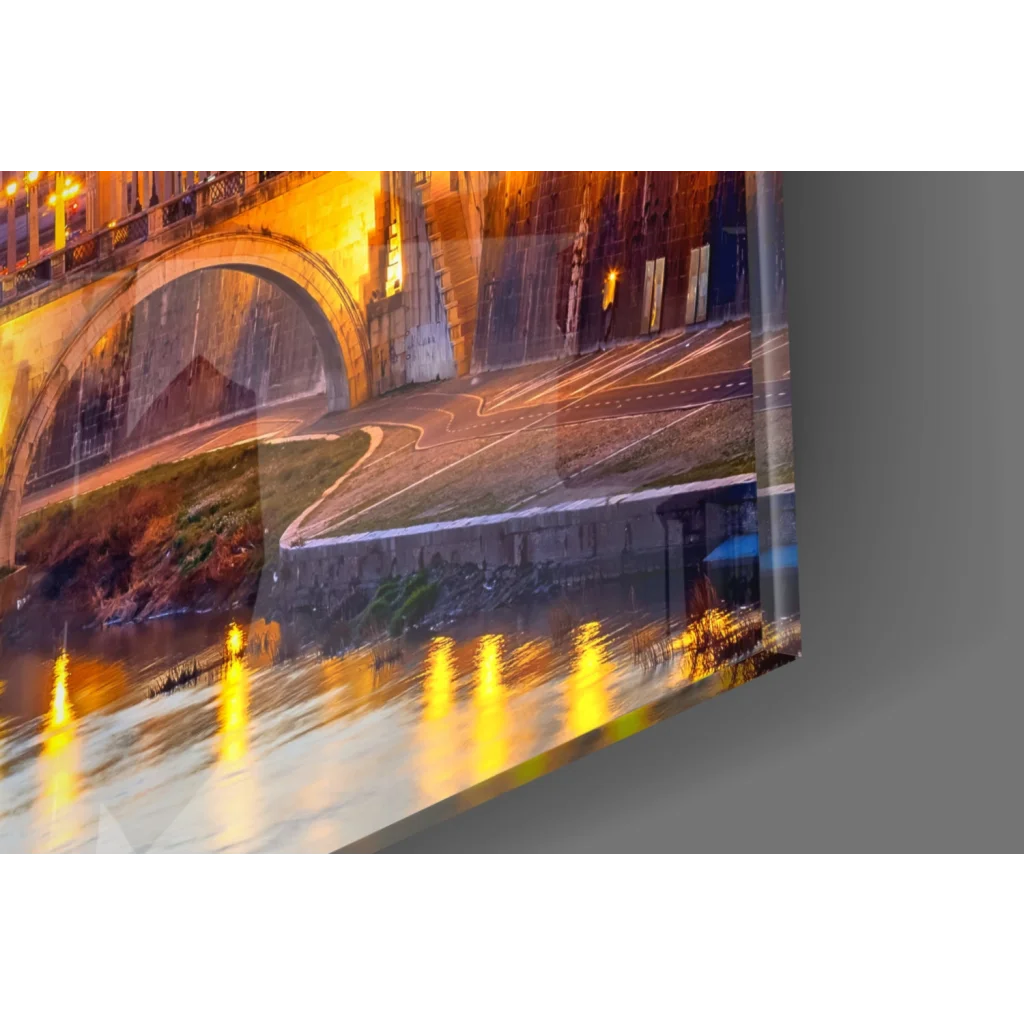 Vatican sunset glass wall art of Tiber bridge at night with golden glow