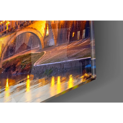 Vatican sunset glass wall art of Tiber bridge at night with golden glow