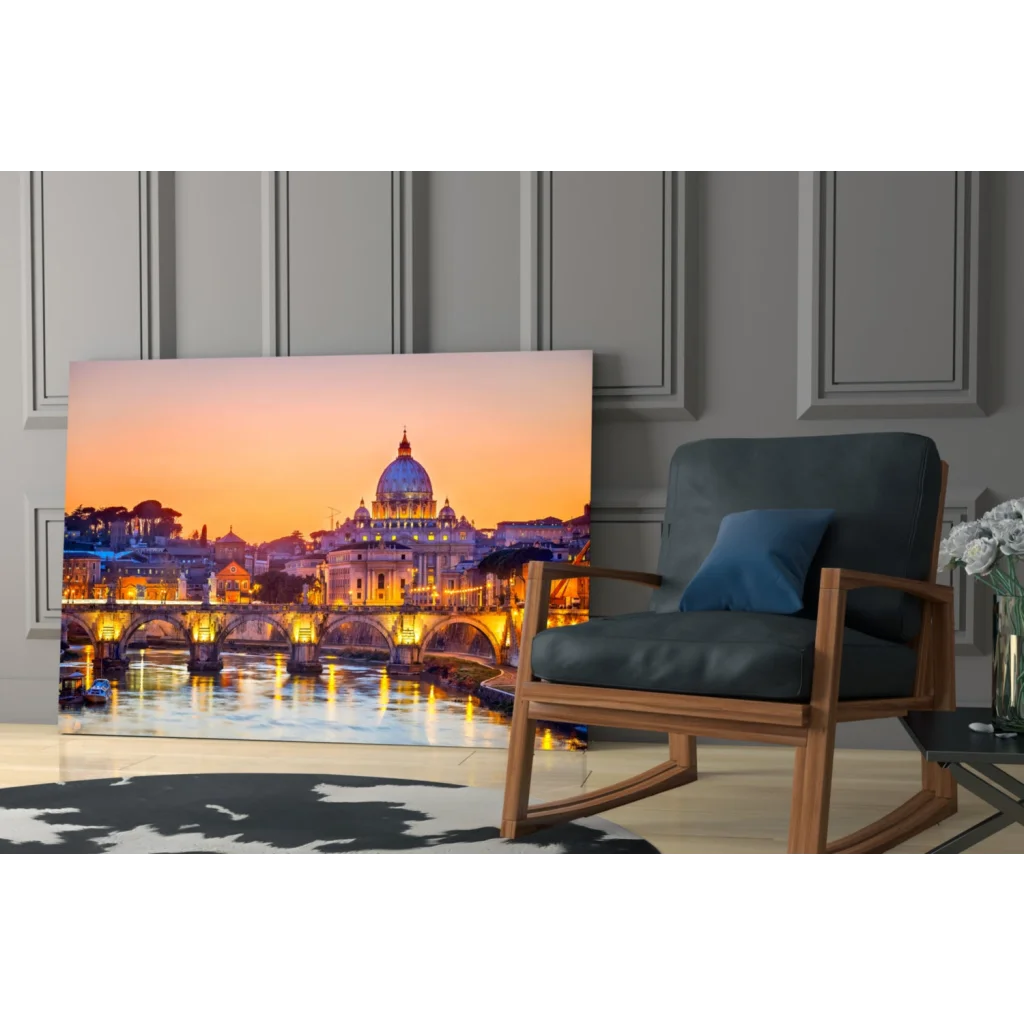 Vibrant Vatican sunset glass wall art with golden Tiber glow