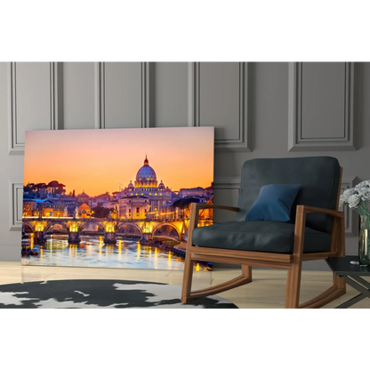 Vibrant Vatican sunset glass wall art with golden Tiber glow