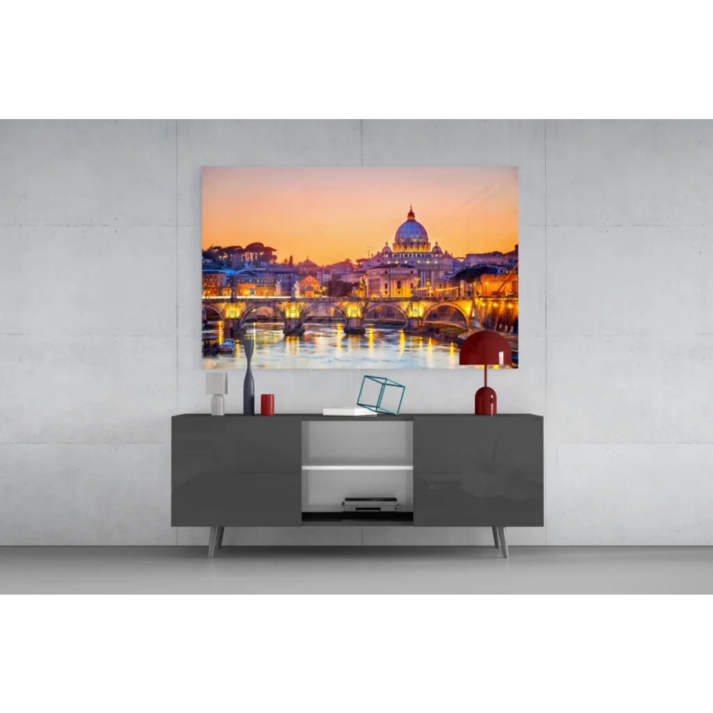 Vibrant Vatican sunset glass wall art print with golden Tiber glow