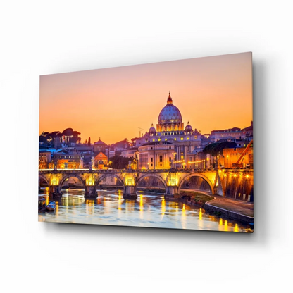 Vibrant Vatican sunset glass wall art print with golden Tiber glow