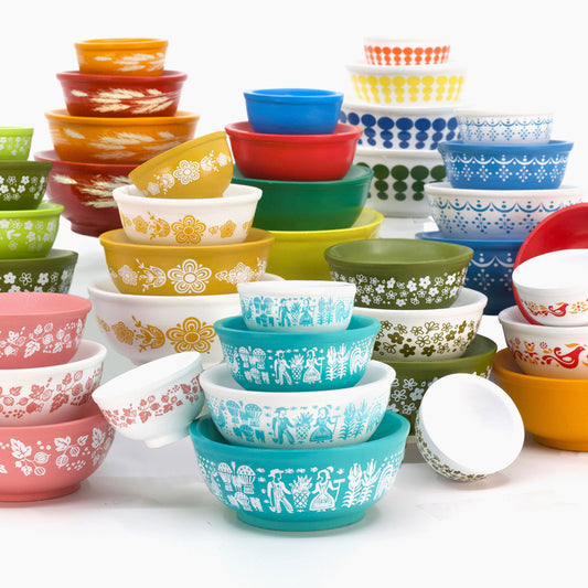 Stacks of mini nesting mixing bowls in many patterns