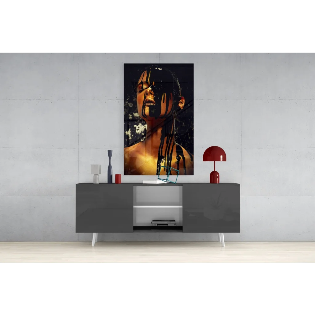 Stunning black gold dripping portrait glass wall art canvas