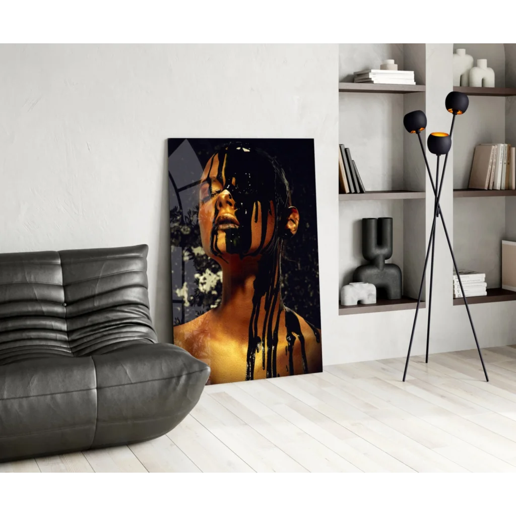 Stunning black gold dripping portrait glass wall art canvas print