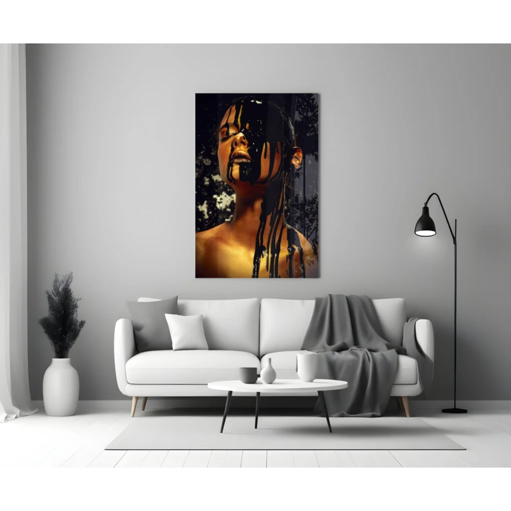 Stunning black gold dripping woman portrait glass wall art canvas