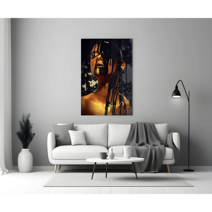 Stunning black gold dripping woman portrait glass wall art canvas
