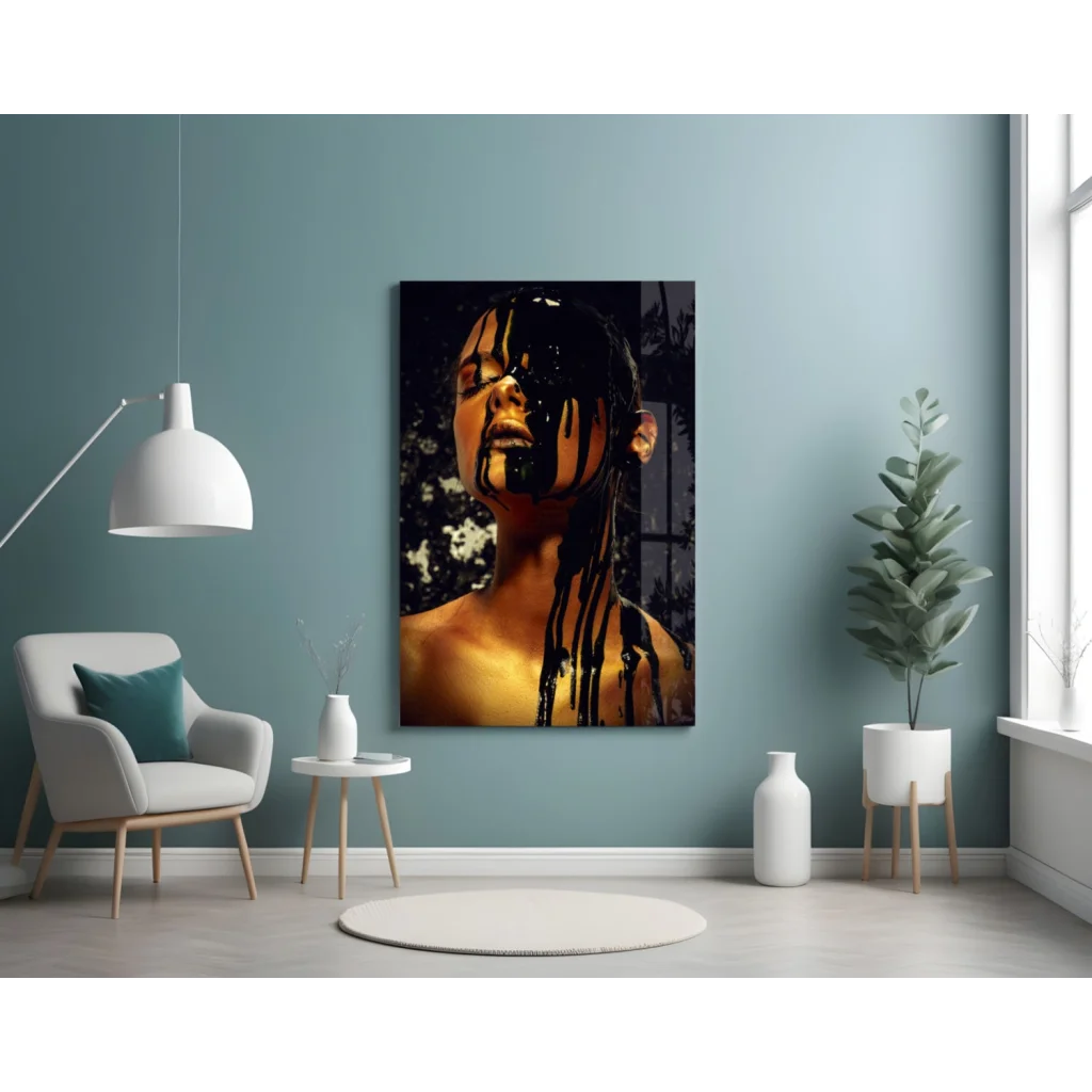 Golden dripping portrait glass wall art on teal wall
