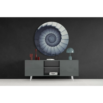 Spiral staircase tempered glass art in gray-white spiral above modern console