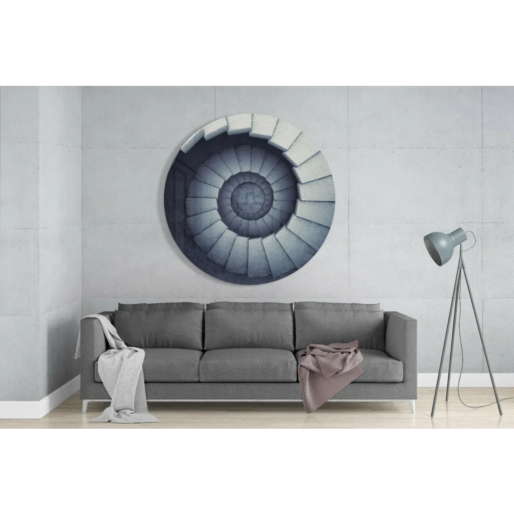 Modern tempered glass art of spiral staircase in gray black above sofa
