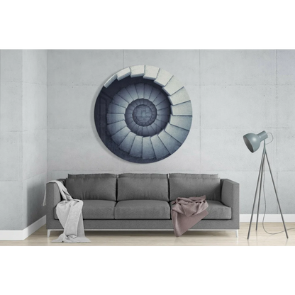 Modern tempered glass art of spiral staircase in gray black above sofa