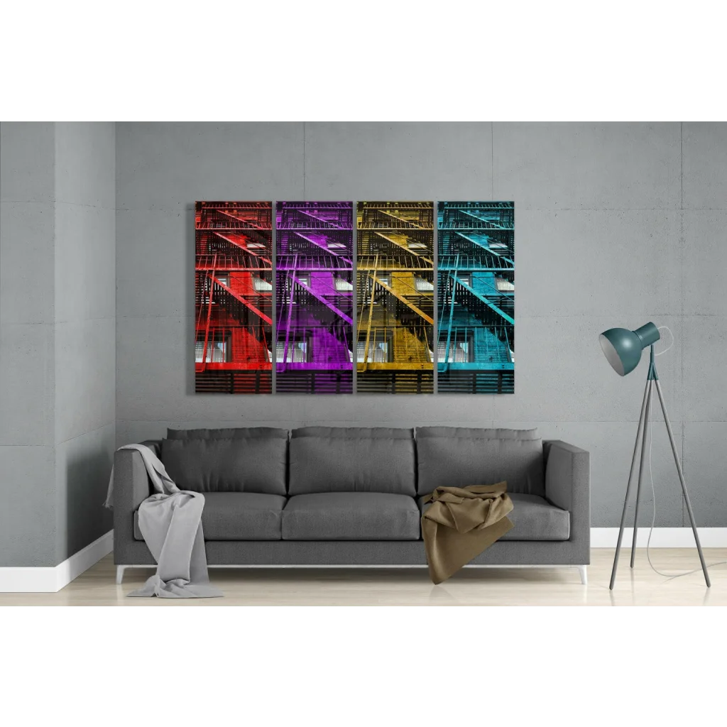 Neon Fire Escape Four Panel Canvas Wall Art Electric Colors | Modern Wall Art Decor | vintageantiquesgifts.com