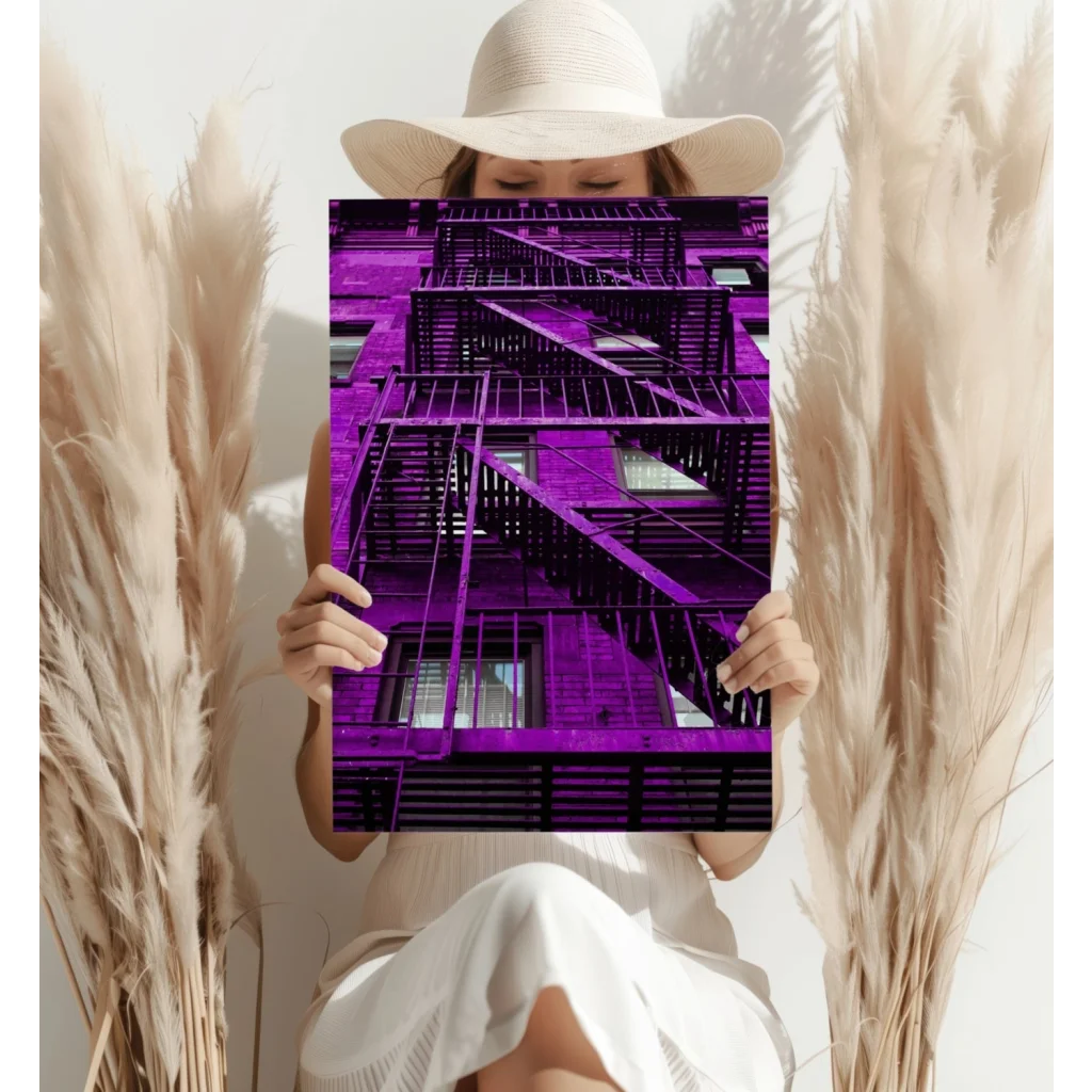 Person holding vibrant purple fire escape insigne aluminum print in white hat and dress