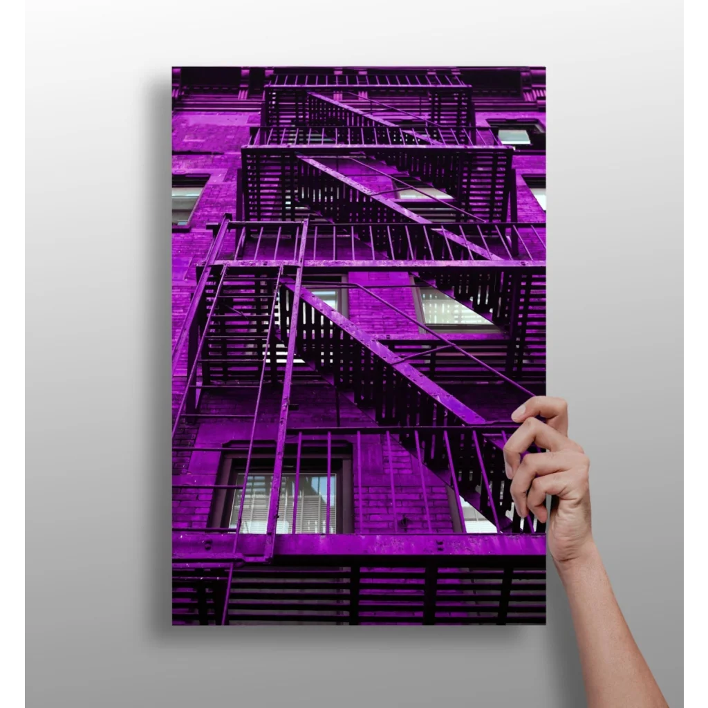 Stunning purple metal fire escape staircase on insigne aluminum print