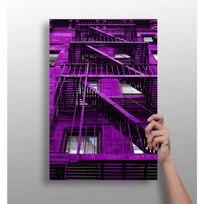 Stunning purple metal fire escape staircase on insigne aluminum print
