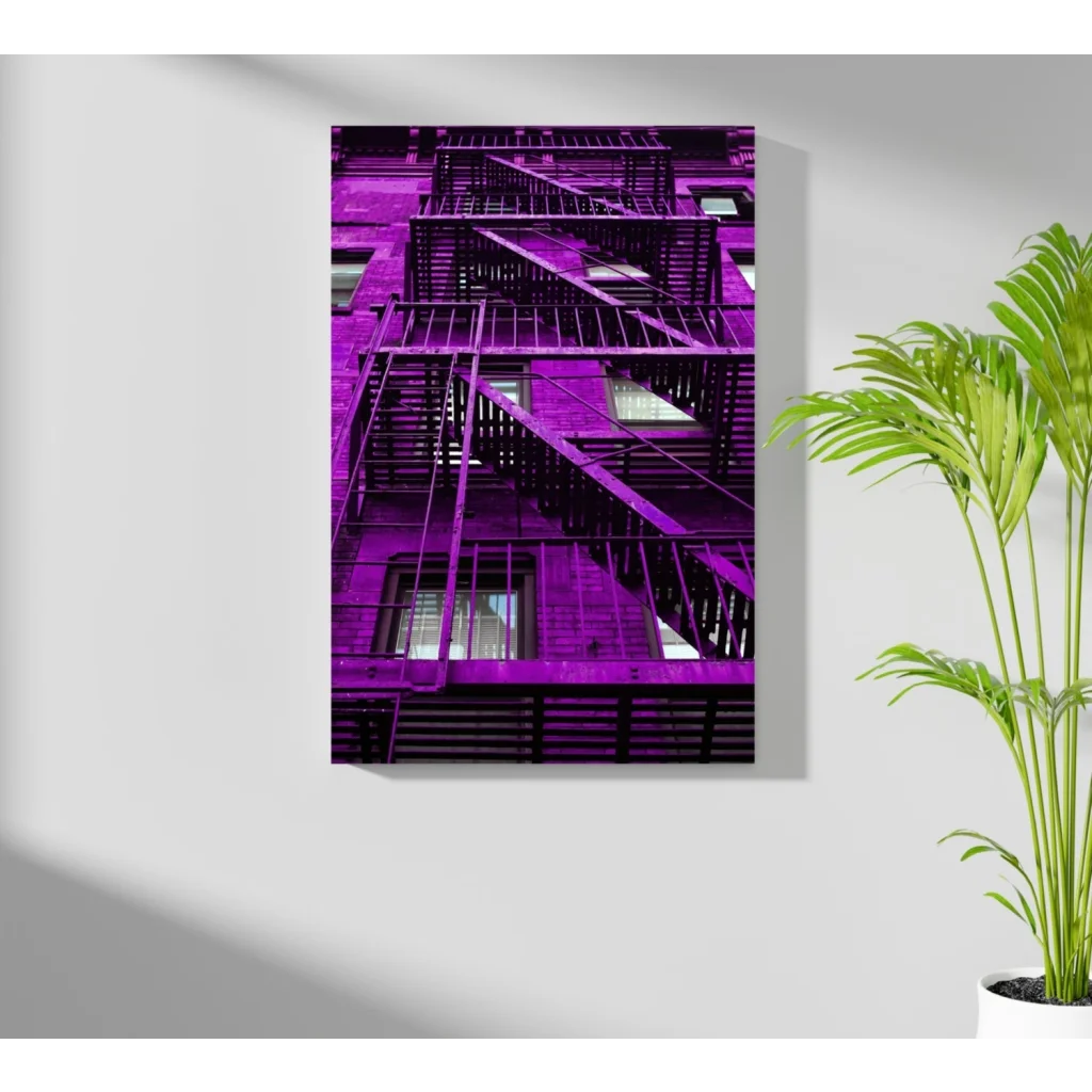 Vibrant purple fire escape on insigne aluminum print on white wall
