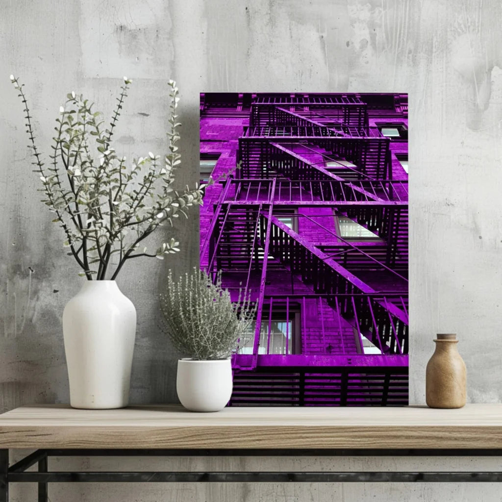 Vibrant purple fire escape photo on insigne aluminum print