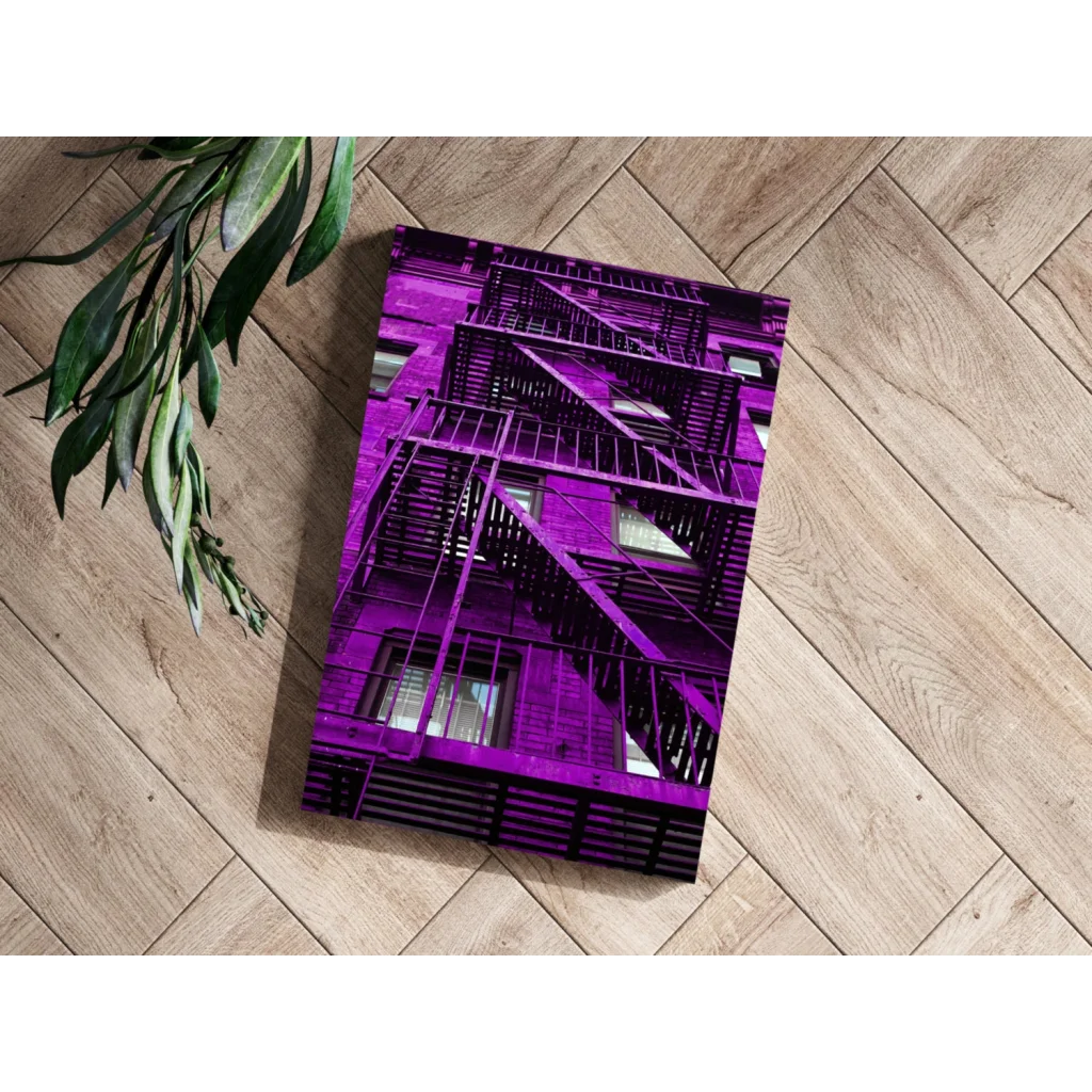 Vibrant purple fire escape on insigne aluminum print on wood floor