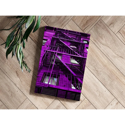 Vibrant purple fire escape on insigne aluminum print on wood floor