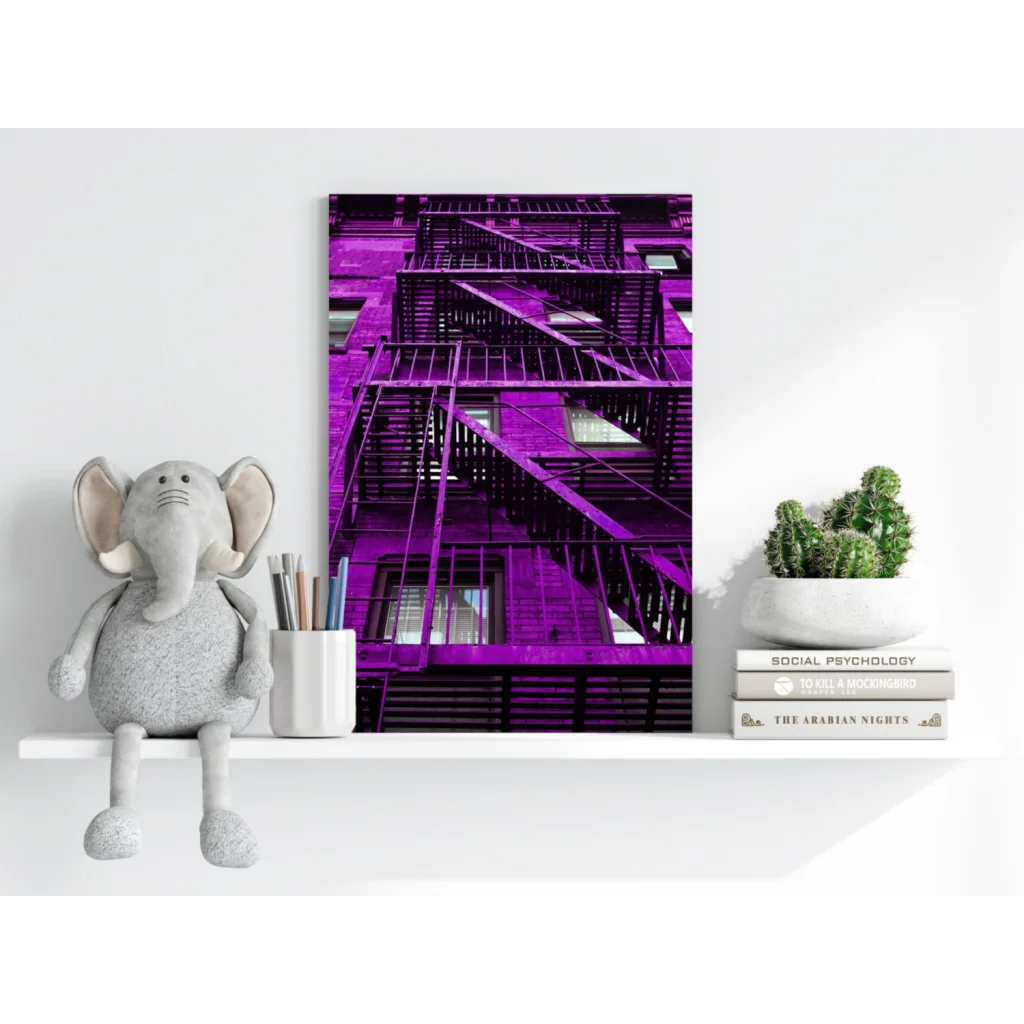 Vibrant purple fire escape on insigne aluminum print