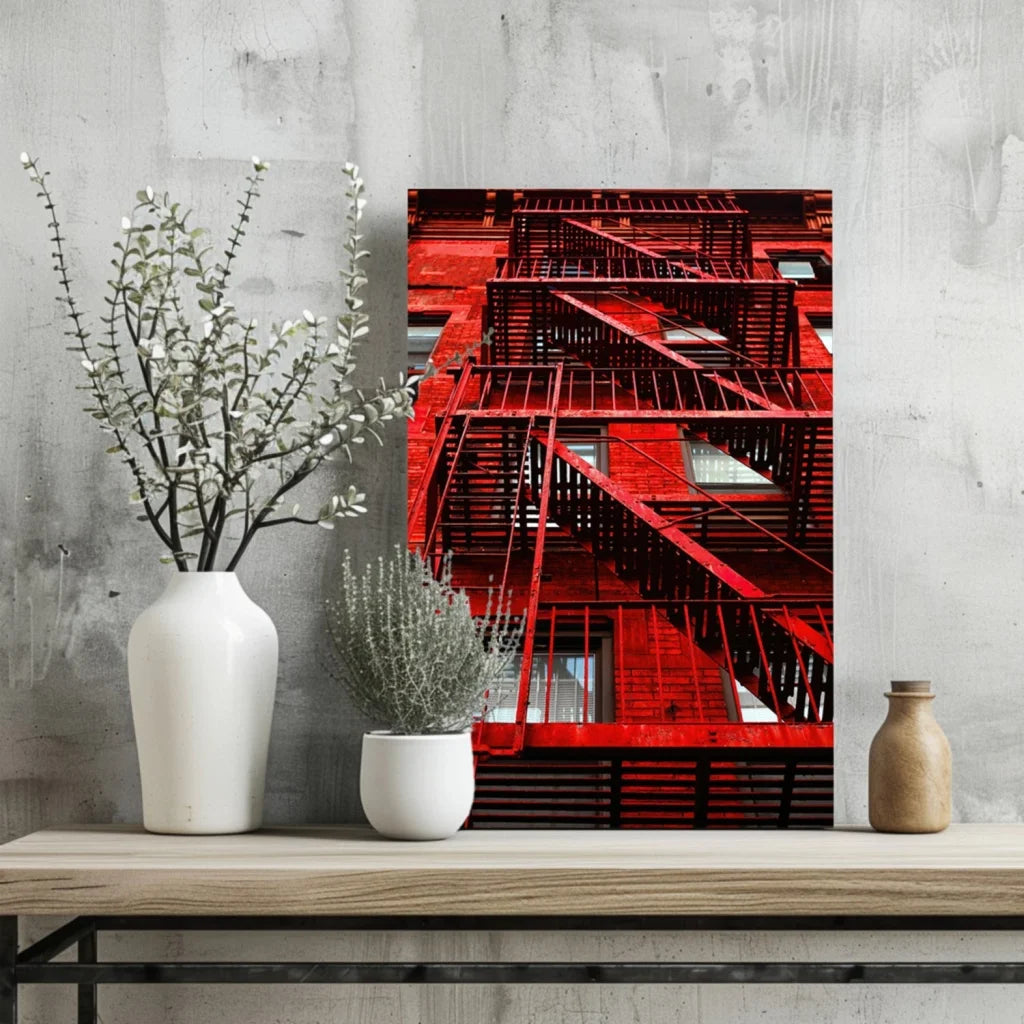 Vibrant red fire escape insigne aluminum print on gray concrete wall
