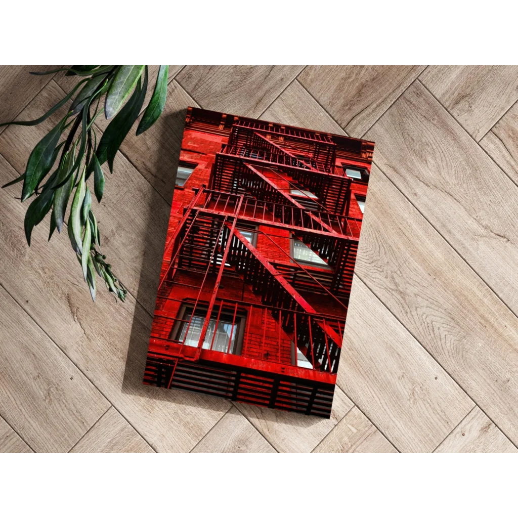 Vibrant red fire escape on insigne aluminum prints canvas