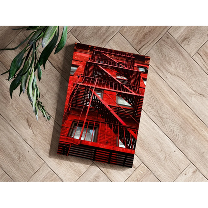 Vibrant red fire escape on insigne aluminum prints canvas