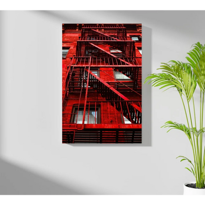 Vibrant red metal fire escape staircase on white wall, Insigne aluminum print
