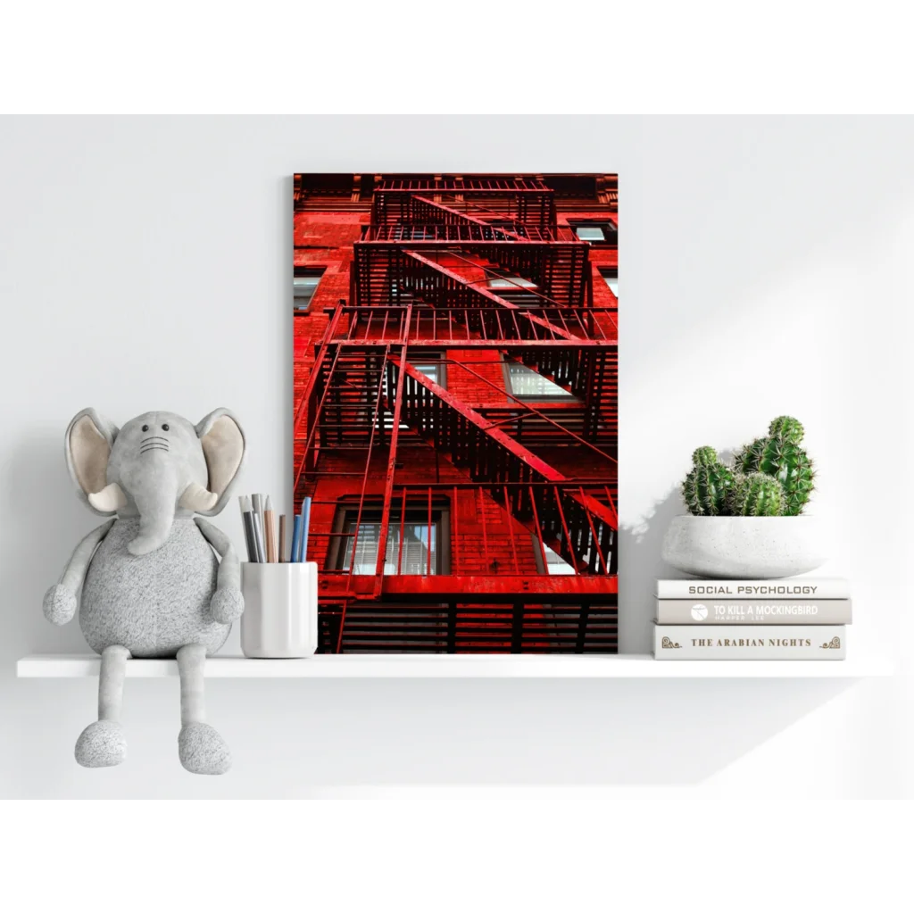 Vibrant red fire escape insigne aluminum print on canvas wall art