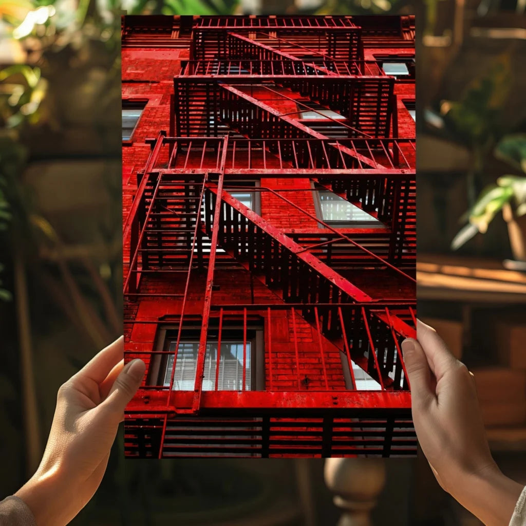 Vibrant red fire escape on Insigne aluminum print poster
