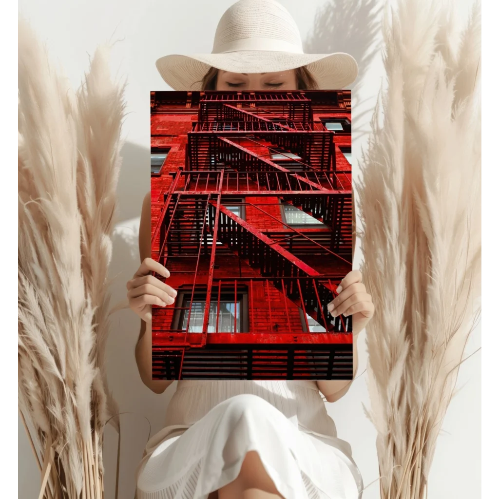 Vibrant red fire escape insigne aluminum print held by person