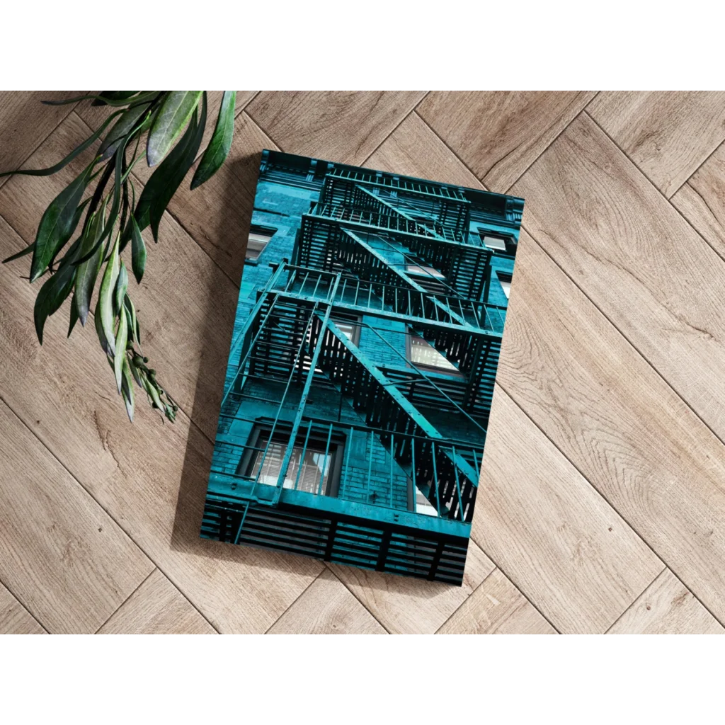 Teal-toned fire escape on insigne aluminum print canvas