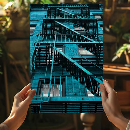 Teal fire escape on insigne aluminum print held by hands