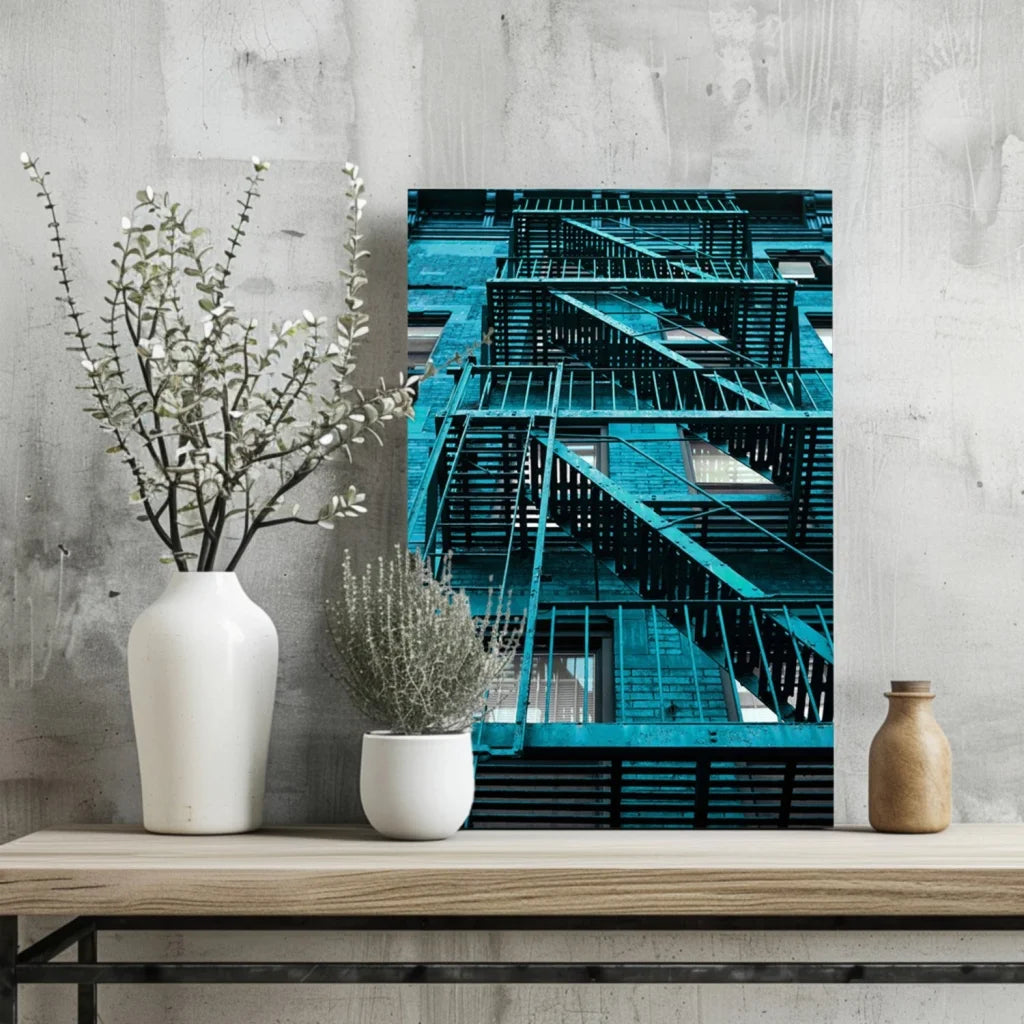 Stunning teal fire escape insigne aluminum print on wall