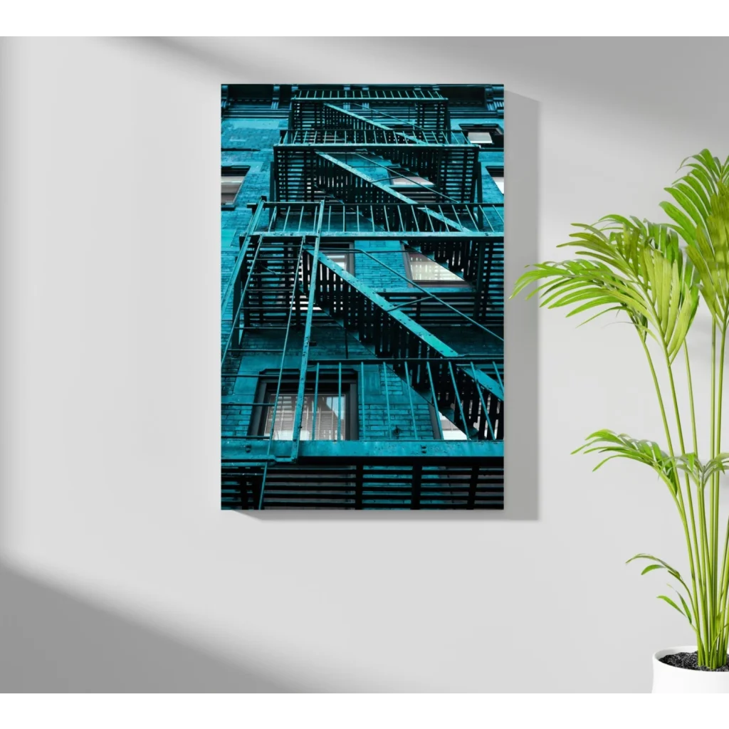 Stunning teal fire escape insigne aluminum print on canvas
